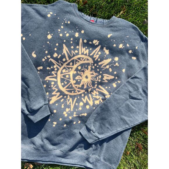 Sun & Moon Bleach Dyed Custom Painted Upcycled Crewneck Sweatshirt Gray XL - Picture 2 of 3